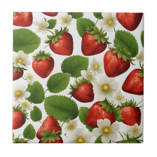 Vibrant Strawberries, Leaves and Flowers  Tile