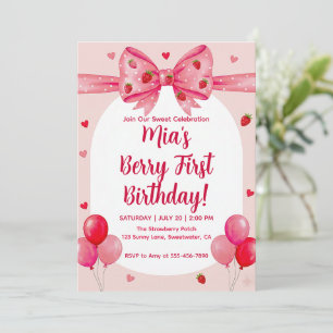 Vibrant Strawberry Coquette Bow Berry 1st Birthday Invitation