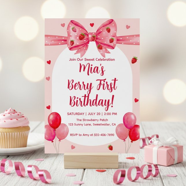 Vibrant Strawberry Coquette Bow Berry 1st Birthday Invitation (Creator Uploaded)