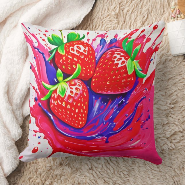 Vibrant Strawberry Splash Throw Pillow (Blanket)