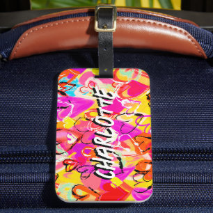 Vibrant Street Art Yellow & Pink Graffiti Hearts  Luggage Tag