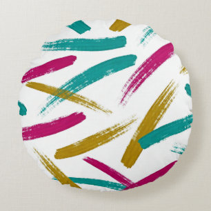 Vibrant Strokes,Teal, Magenta & Mustard pattern Round Pillow