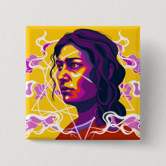 Vibrant Stylized Portrait with Abstract Elements 2 Inch Square Button (Front)