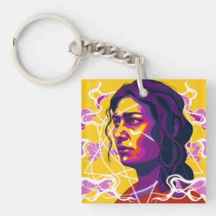Vibrant Stylized Portrait with Abstract Elements Keychain