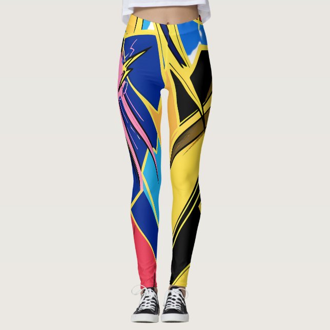 Vibrant Stylized Portrait with Abstract Elements Leggings (Front)