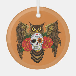 Vibrant Sugar Skull Owl Red Roses  Glass Ornament