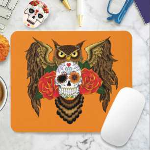 Vibrant Sugar Skull Owl Red Roses  Mouse Pad