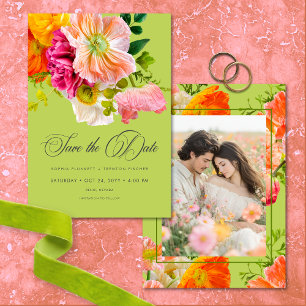 Vibrant Summer Floral Lime Orange Pink Wedding Save The Date