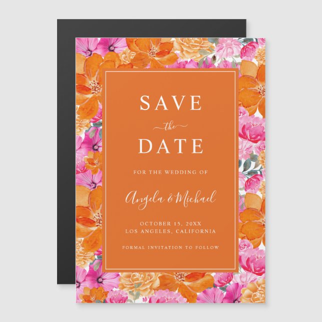 Vibrant Summer Garden | Pink and Orange Wedding Magnetic Invitation (Front/Back)