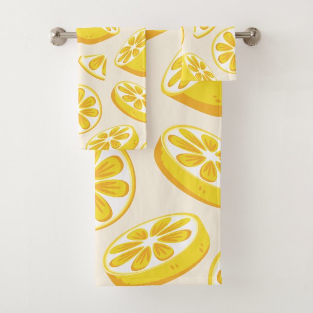 Vibrant Summer Lemon Slices Citrus Pattern  Bath Towel Set (Insitu)