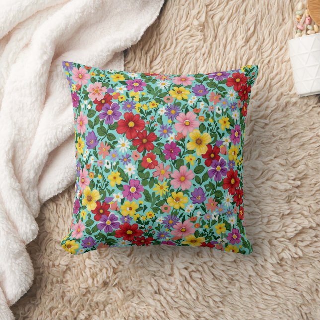Vibrant Summer Wildflower Garden Floral Pattern  Throw Pillow (Blanket)