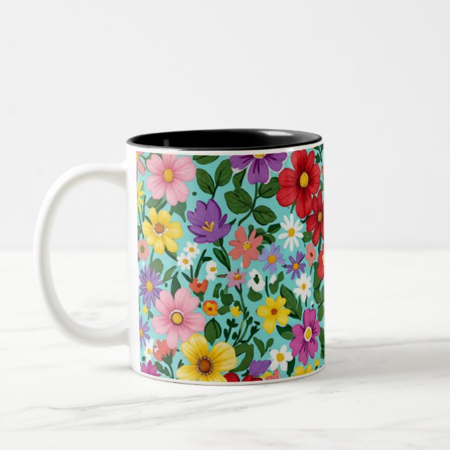 Vibrant Summer Wildflower Garden Floral Pattern  Two-Tone Coffee Mug (Left)