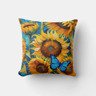 Vibrant Sunflower Floral And Butterfly  Throw Pillow