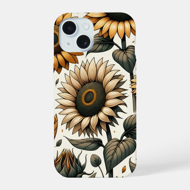 Vibrant Sunflower Pattern iPhone 15 Case (Back)