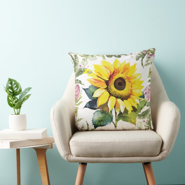  Vibrant Sunflower Watercolor Tropical Floral Fram Throw Pillow (Chair)