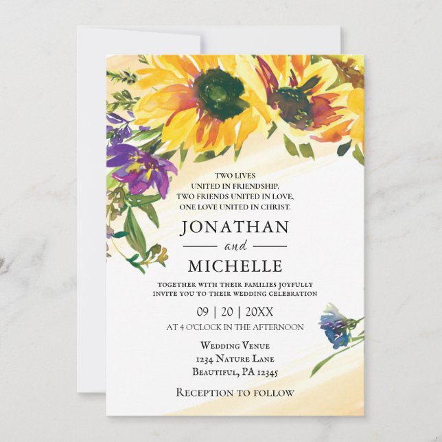 Vibrant Sunflowers Floral Christian Wedding Invitation (Front)