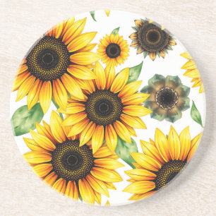 Vibrant Sunflowers Watercolor Pattern Coaster