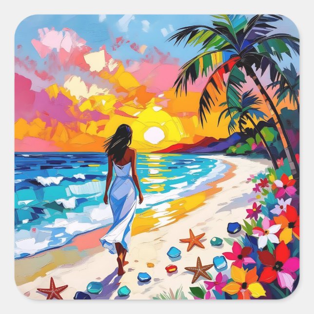 Vibrant Sunset Abstract Beach Scene Square Sticker (Front)