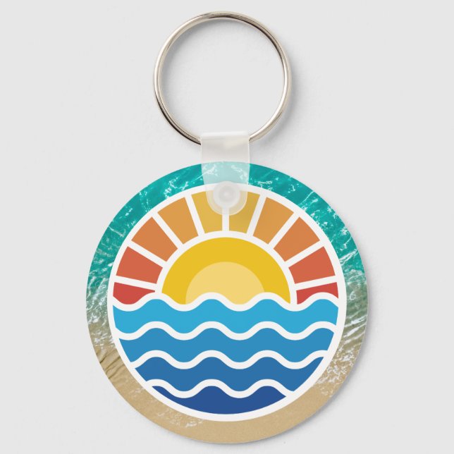 Vibrant Sunset and Blue Waves with Tropical Beach  Keychain (Front)