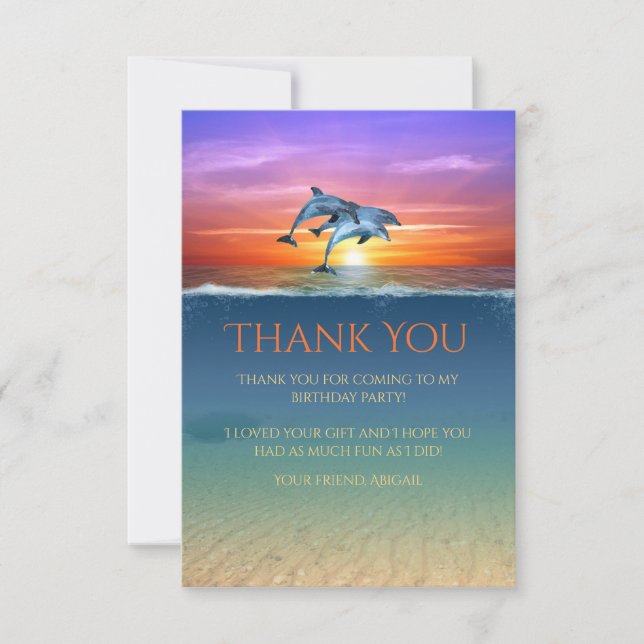 Vibrant Sunset Dolphins Jumping Ocean Birthday Thank You Card (Front)