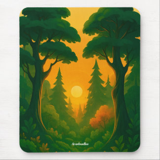 Vibrant Sunset Forest Illustration Mouse Pad