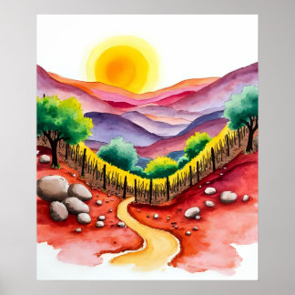 Vibrant Sunset Hillside with Lone Tree Watercolor  Poster