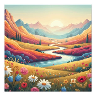 Vibrant Sunset Modern Mountain Landscape & Flower Photo Print