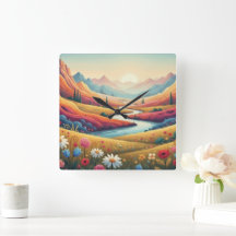 Vibrant Sunset Modern Mountain Landscape & Flower