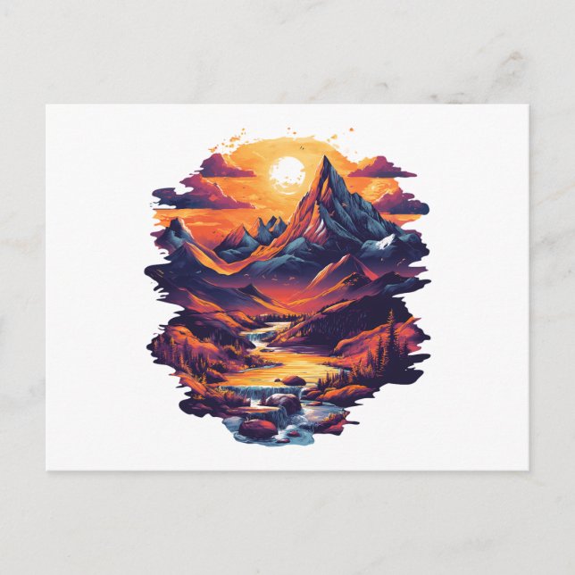 Vibrant Sunset Mountain and River Waterfall nature Postcard (Front)