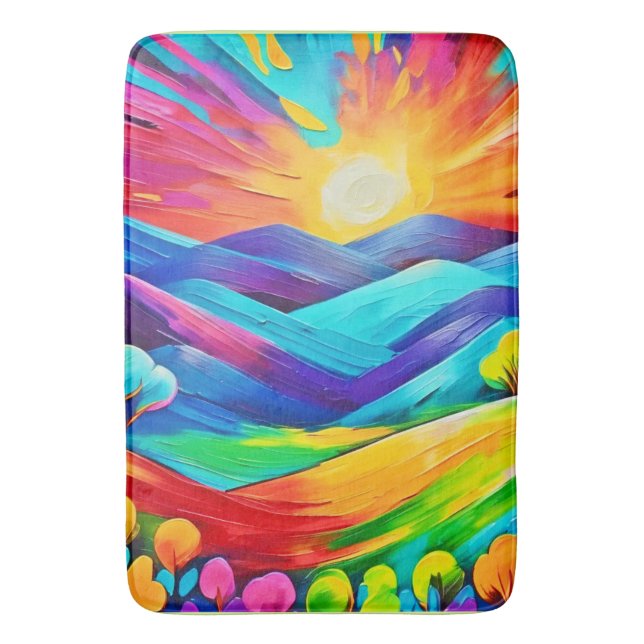 Vibrant Sunset Mountain Art Print Bath Mat (Front Vertical)