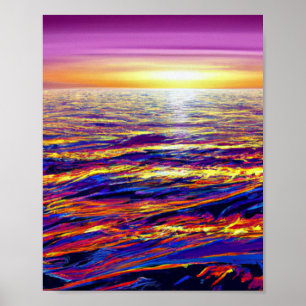 Vibrant Sunset Ocean Waves Abstract Art Poster