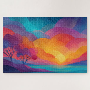 Vibrant Sunset Over Hills - Colourful Landscape Jigsaw Puzzle