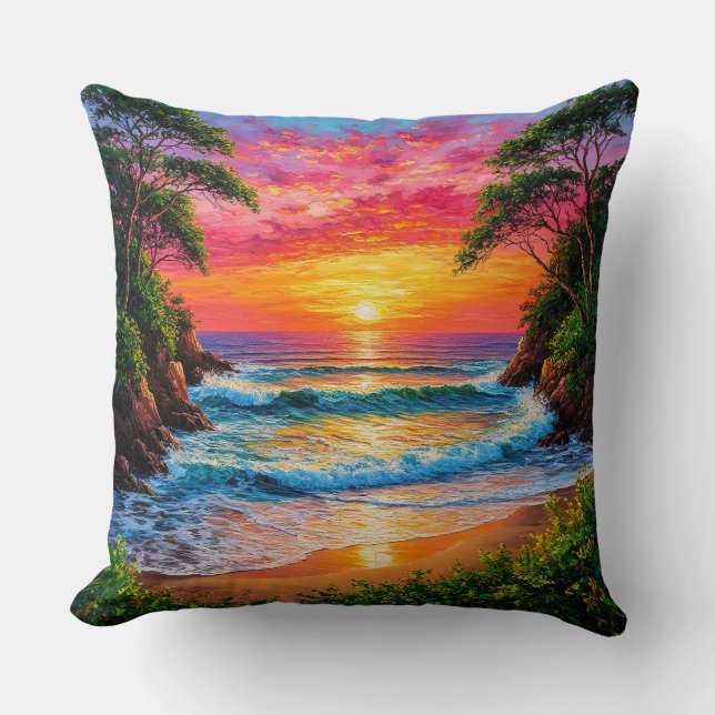 Vibrant Sunset Over Ocean Shore Throw Pillow (Front)