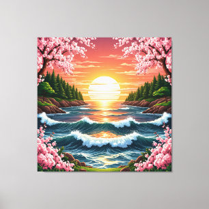 Vibrant Sunset Over Ocean Waves Canvas Print