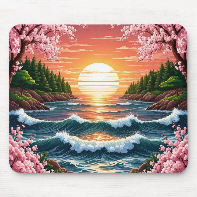 Vibrant Sunset Over Ocean Waves Mouse Pad (Front)