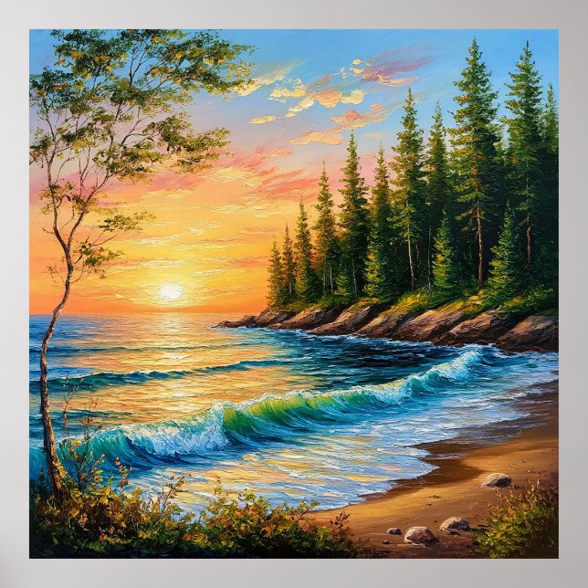 Vibrant Sunset Over Ocean Waves Poster (Front)