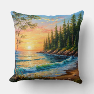 Vibrant Sunset Over Ocean Waves Throw Pillow