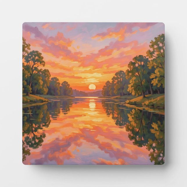 Vibrant Sunset River Reflection Plaque (Front)