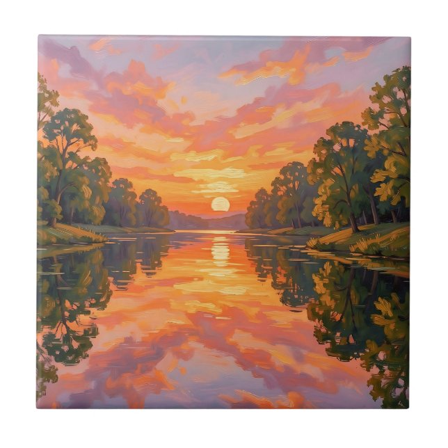 Vibrant Sunset River Reflection Tile (Front)