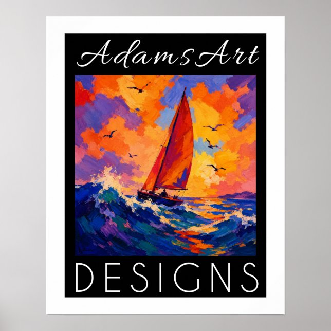 Vibrant Sunset Sailboat Ocean Impressionist Poster (Front)