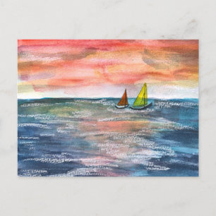 Vibrant Sunset Sailing Watercolor Art Holiday Postcard