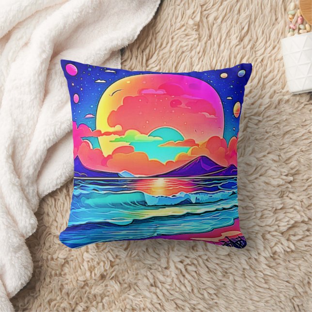 Vibrant Sunset Seascape Throw Pillow (Blanket)