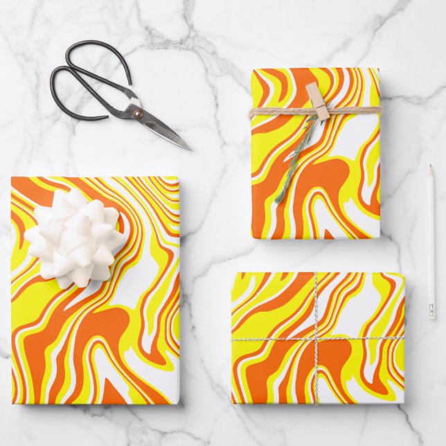 Vibrant Swirling Art in Orange, white & Yellow Wrapping Paper Sheet (Front)