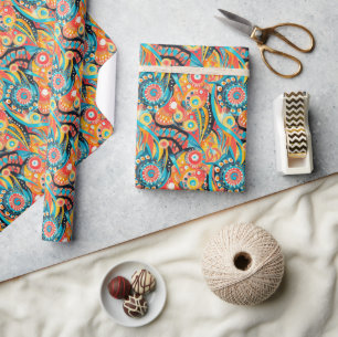Vibrant Swirling Spirals and Bold Geometric Design Wrapping Paper