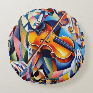 Vibrant Symphony: Abstract Violinist Art Round Pillow