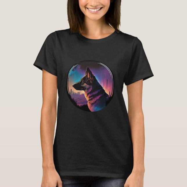 Vibrant Synthwave German Shepherd with 80s Aesthet T-Shirt (Front)