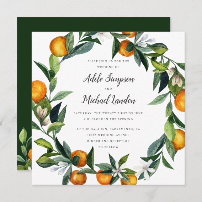 Vibrant Tangerine Citrus wreath watercolor wedding Invitation (Front/Back)