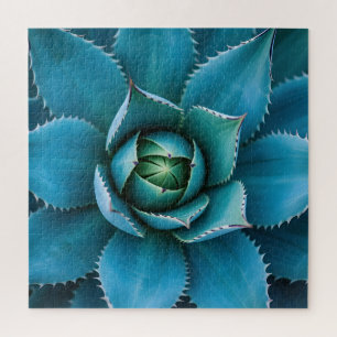 Vibrant Teal Agave Succulent Macro Geometric  Jigsaw Puzzle