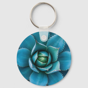 Vibrant Teal Agave Succulent Macro Geometric Keychain