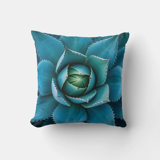 Vibrant Teal Agave Succulent Macro Geometric  Throw Pillow (Front)
